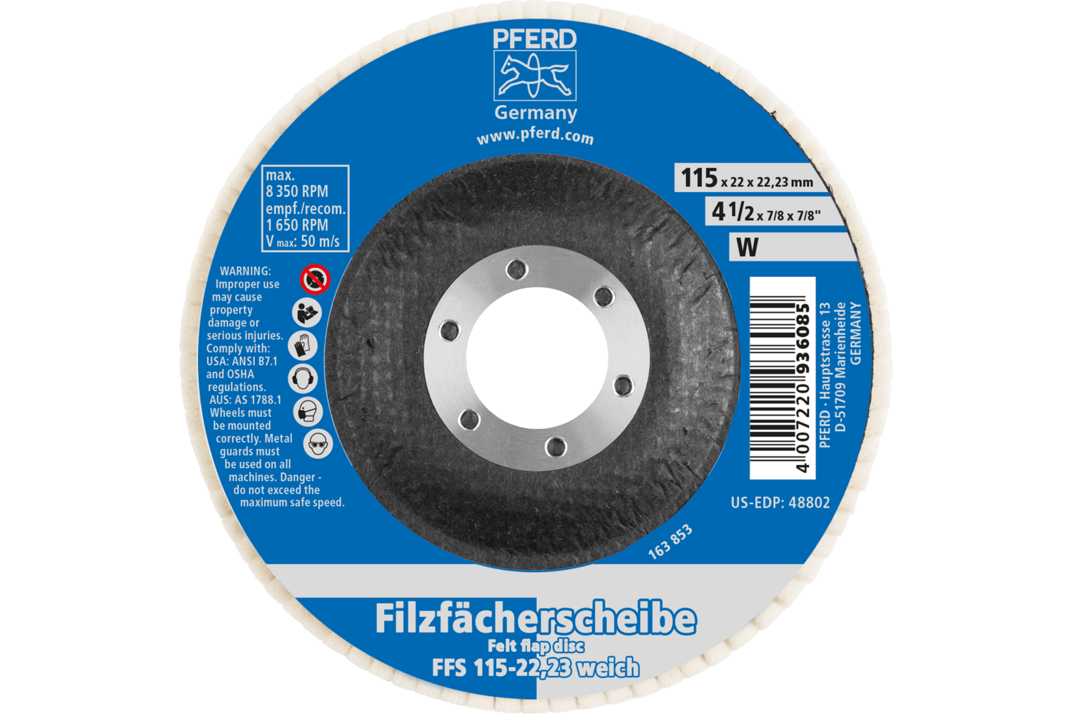 Felt Flap Disc, 4 1/2 x 7/8", W (soft)
