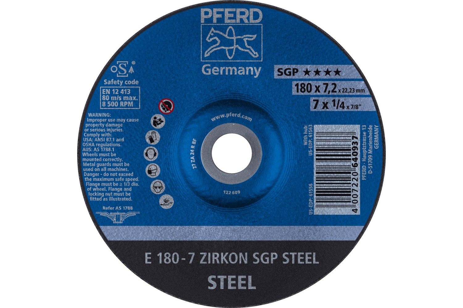 Grinding Wheel, SGP ZIRKON STEEL, 7" x 1/4 x 7/8