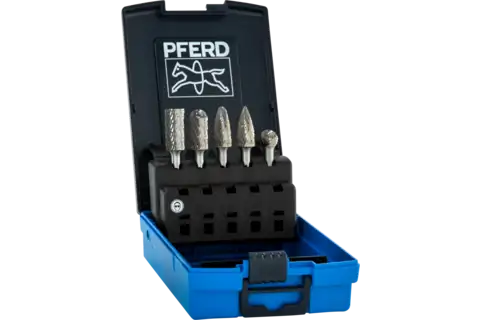 PFERD Carbide Bur Set 5 Piece TOUGH Cut/Double Cut 1/4" Shank Plastic Case