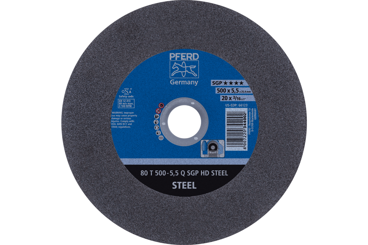 Large Diameter Cut-Off Wheel, SGP HD STEEL, 20" x 3/16 x 1, Q (medium-hard)