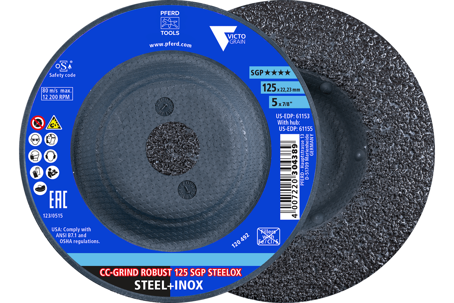 Grinding disc, CC-GRIND®-ROBUST, SGP STEELOX VICTOGRAIN®, 5" x 7/8