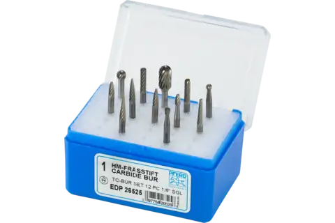 PFERD Carbide Bur Set 12 Piece Single Cut 1/8" Shank Plastic Case