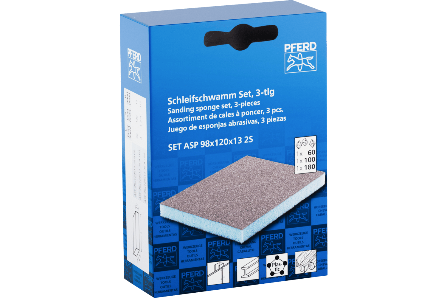 Sanding sponge Set with 4 abrasive sides, 4" x 4-3/4, 60, 80, 180 Grit, Aluminum oxide, 3 PK