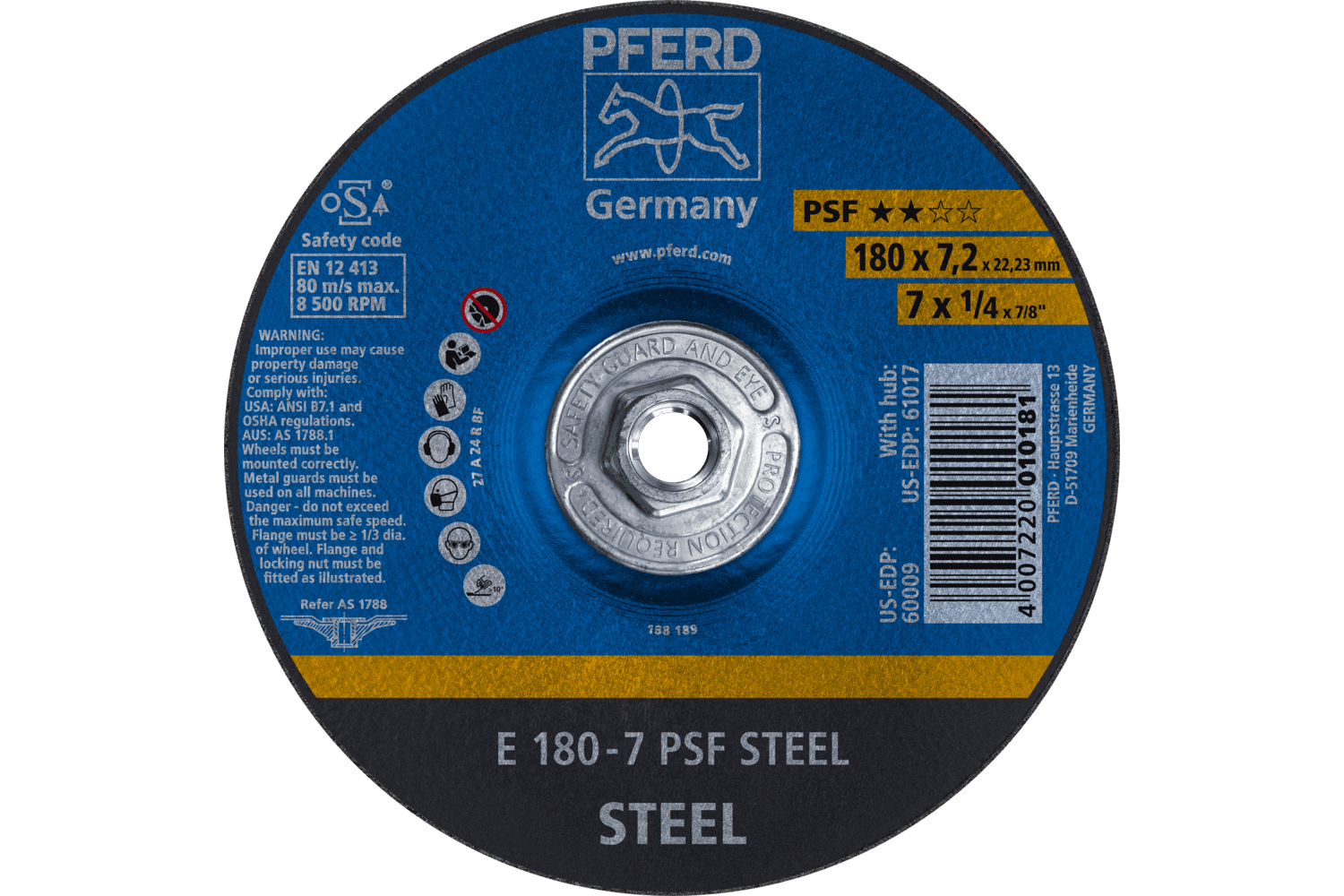 Grinding Wheel, PSF STEEL, 7" x 1/4 x 5/8-11, T27