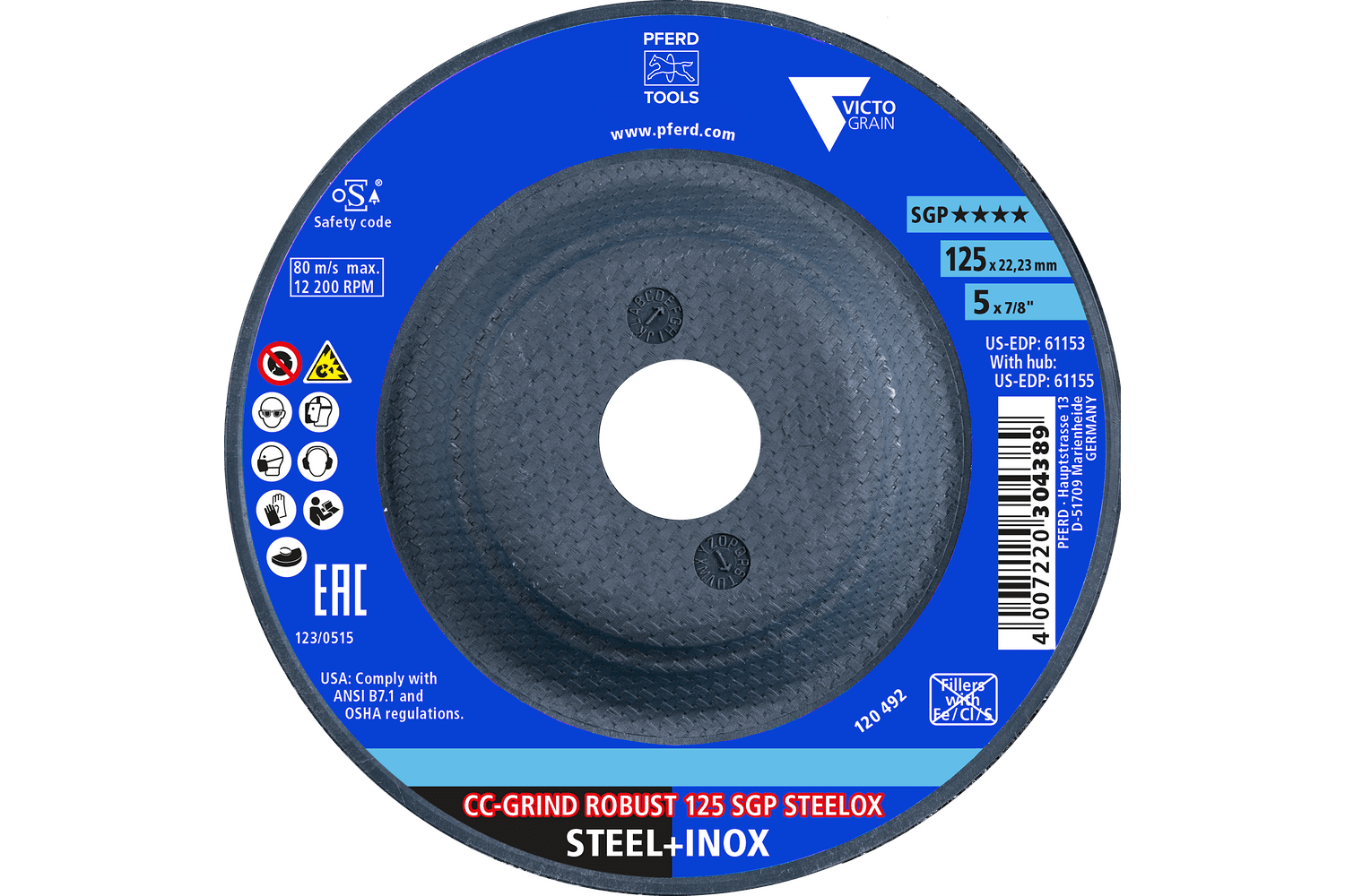 Grinding disc, CC-GRIND®-ROBUST, SGP STEELOX VICTOGRAIN®, 5" x 7/8