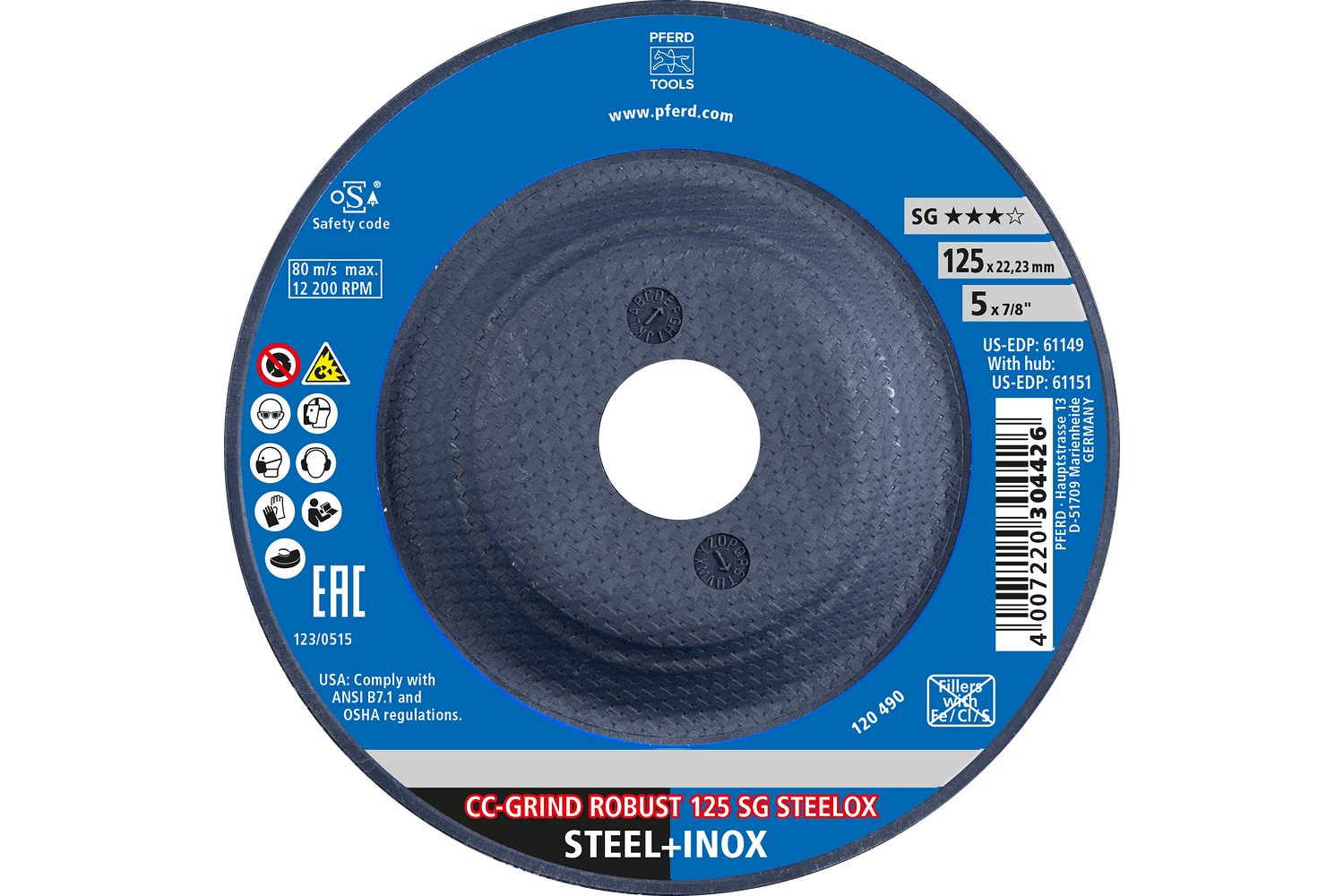 Grinding disc, CC-GRIND®-ROBUST, SG STEELOX, 5" x 7/8