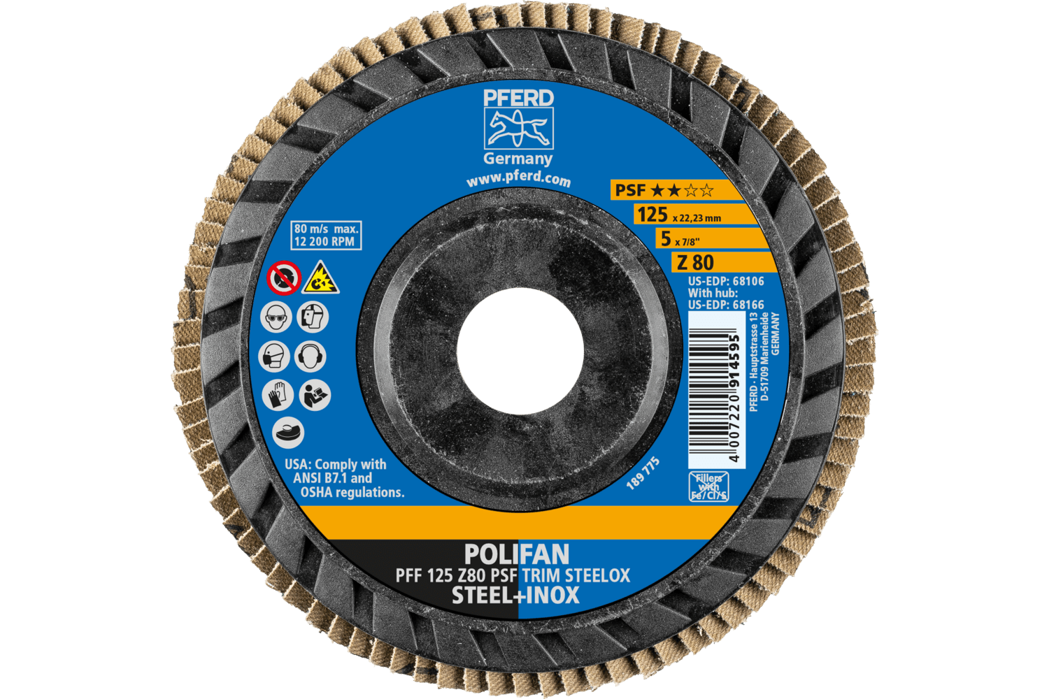 Flap Disc, Z PSF TRIM STEELOX, 80 Grit, 69300905