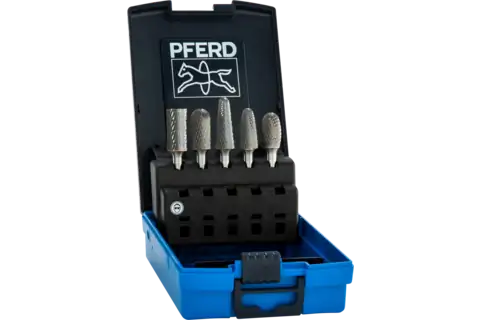 PFERD Carbide Bur Set 5 Piece Diamond Cut 1/4" Shank Plastic Case