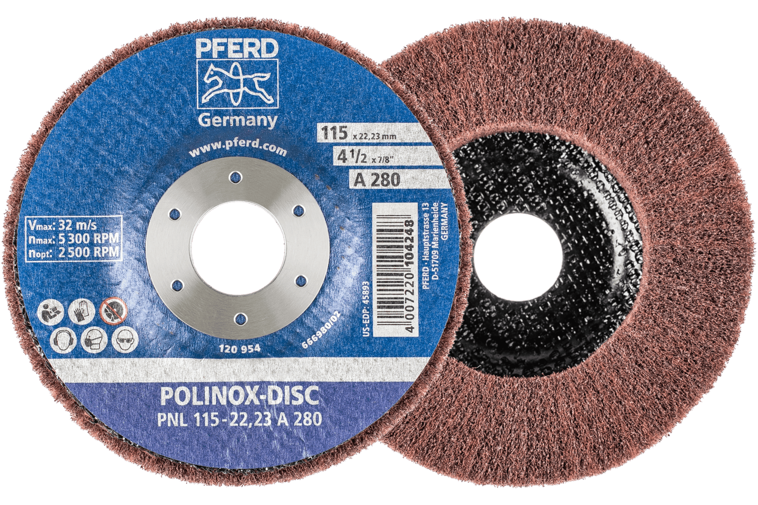 POLINOX® fibre-backing discs, 4 1/2 x 3/4", 280 Grit
