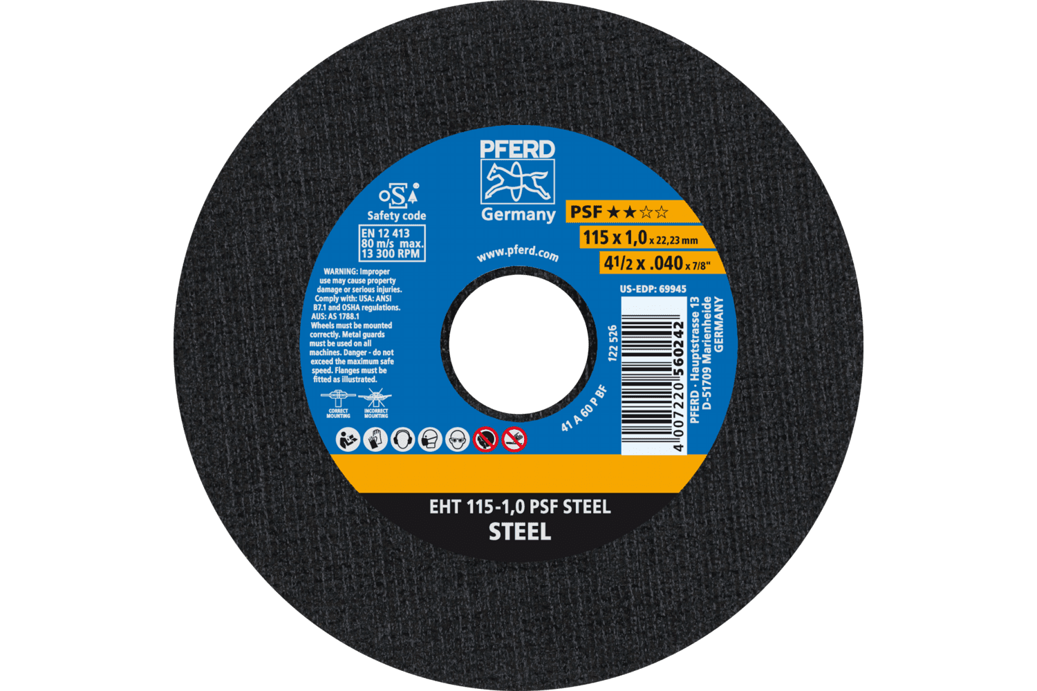 Cut-Off Wheel, PSF STEEL, 4-1/2" x .040 x 7/8, T1